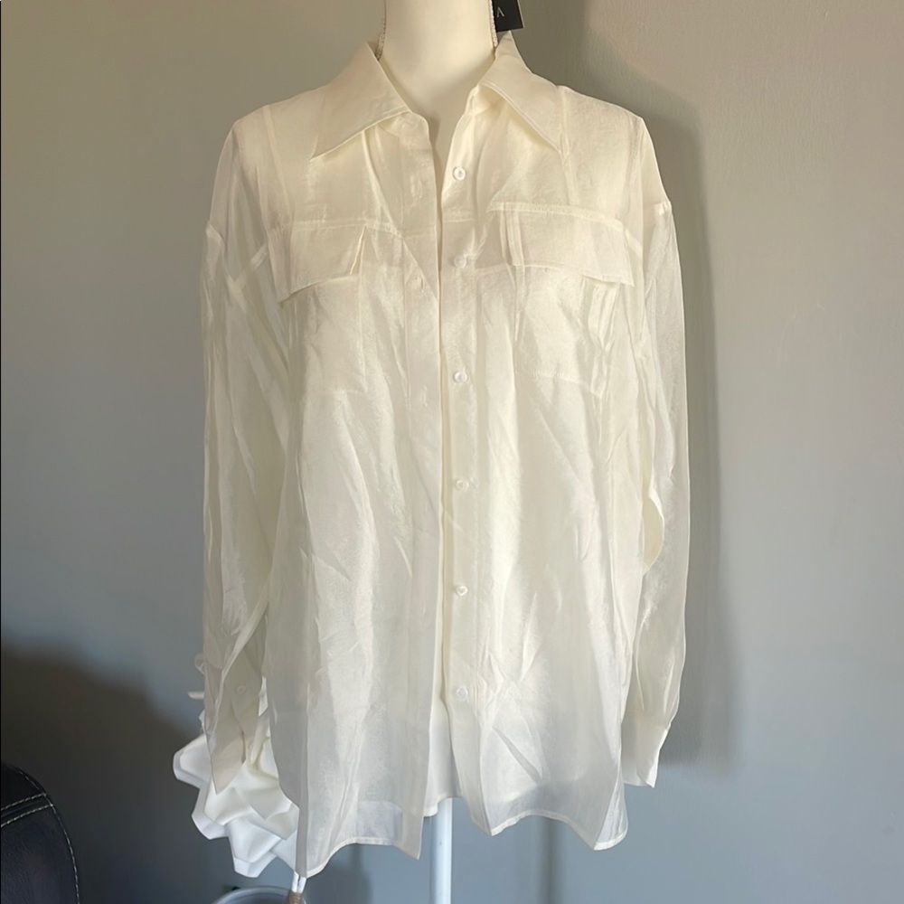 GRACIA Sheer Ivory Button-Up Blouse Sz L